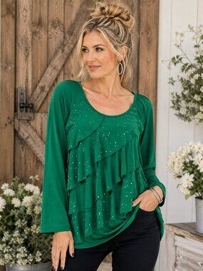 Notations Emerald Green Rhinestone Ruffle Top Size L | Boho Glam Layered Blouse